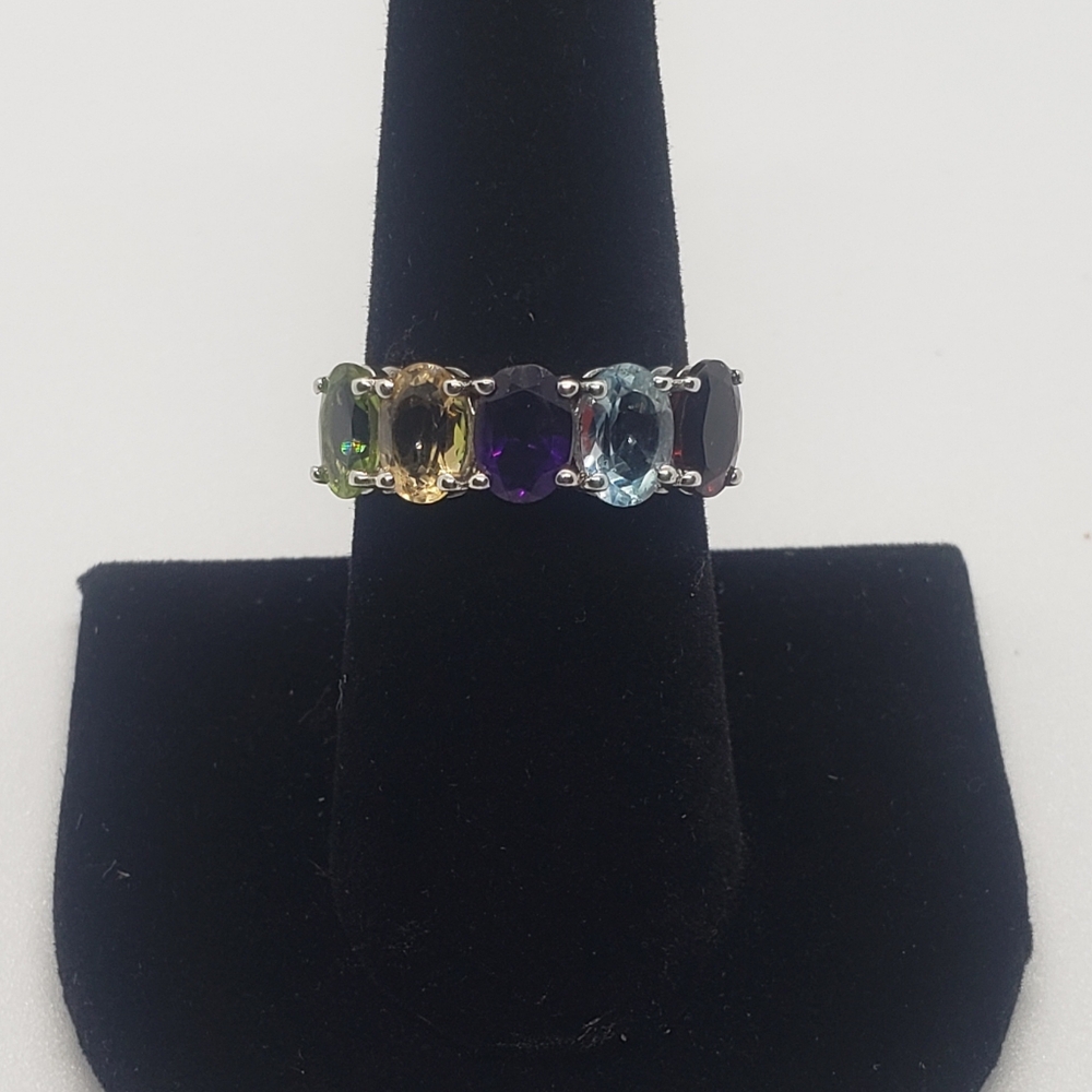 Solid Sterling Silver Multi Gemstone 5 Stone Ring - image 2